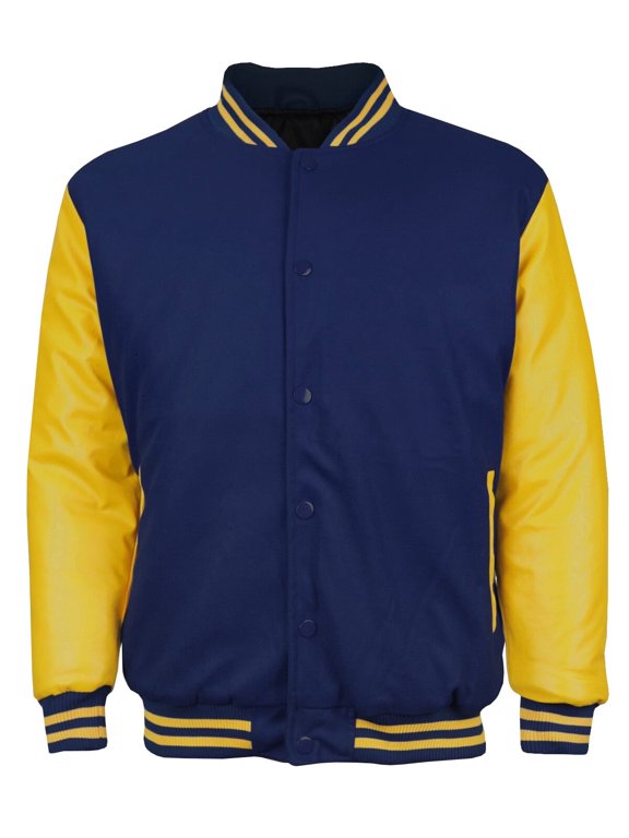 Men's Classic Snap Button Vintage Baseball Letterman Varsity Jacket (Navy Yellow, 4XL)