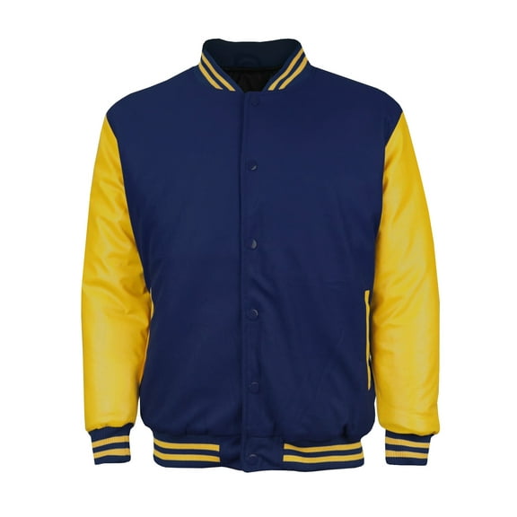 Men's Classic Snap Button Vintage Baseball Letterman Varsity Jacket (Navy Yellow, M)