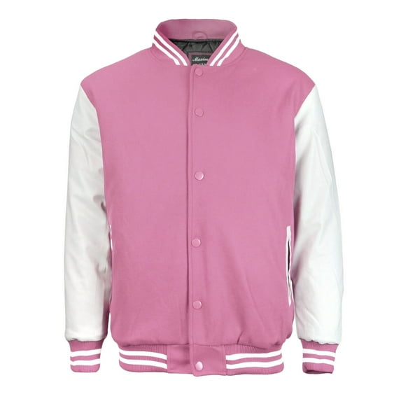 Men's Classic Snap Button Vintage Baseball Letterman Varsity Jacket (Pink White, 2XL)