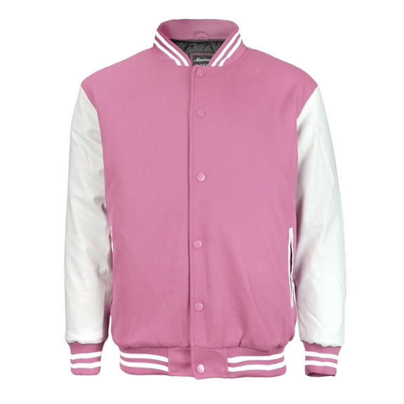 Men's Classic Snap Button Vintage Baseball Letterman Varsity Jacket (Pink White, 2XL)