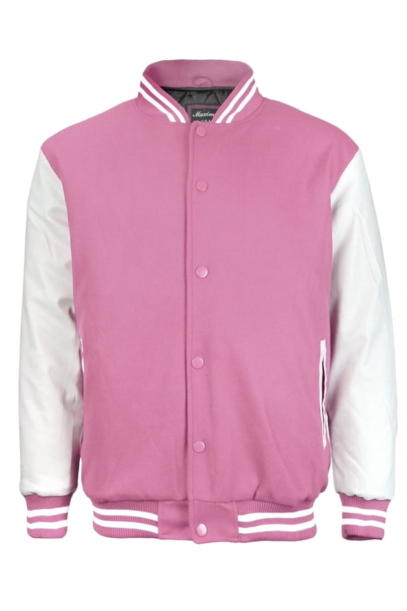 Men's Classic Snap Button Vintage Baseball Letterman Varsity Jacket (Pink White, L)