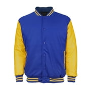 Men's Classic Snap Button Vintage Baseball Letterman Varsity Jacket Royal Blue Yellow, L