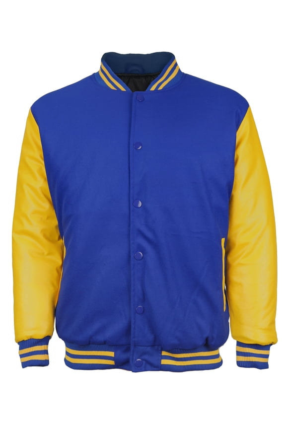 Men's Classic Snap Button Vintage Baseball Letterman Varsity Jacket (Royal Blue Yellow, L)