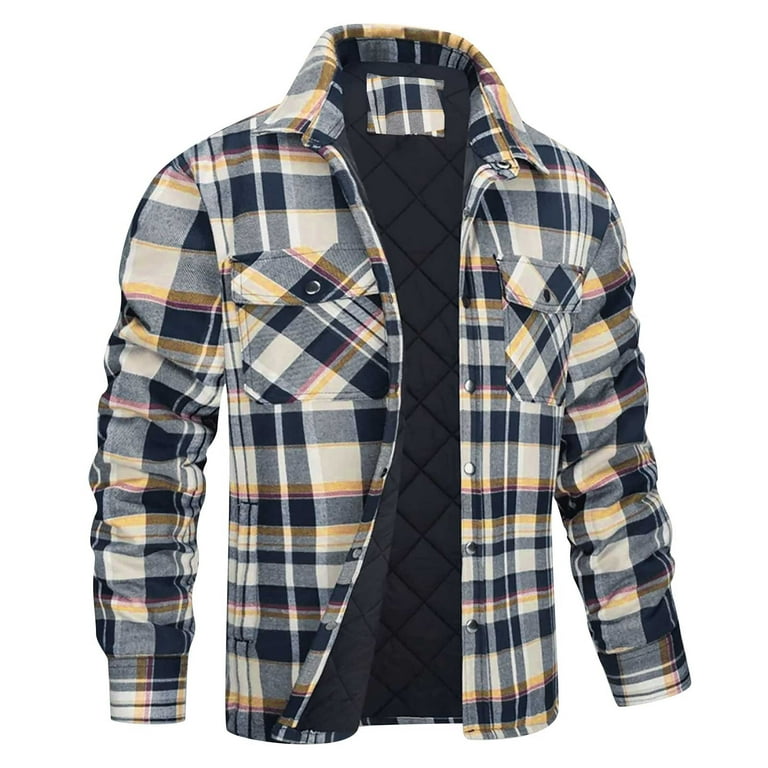 Men's Classic Soft Plaid Jackets Cotton Padded Thick Warm Flannel Button  Down Shirt Coats Casual Lapel Shackets