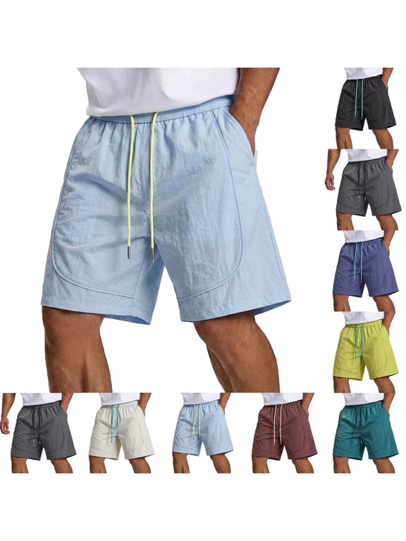Men's Classic Solid Beach Casual Shorts, Elastic Custom Drawstring Waist Functional Side Pockets Soft Light Fabric, Multi Tone Relaxed Five Inch Shorts for Spring Summer Daily