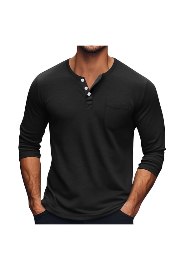 Men's Classic Solid Color Henley Shirts Lightweight Cotton Long Sleeve Blouse Casual V Neck Tops