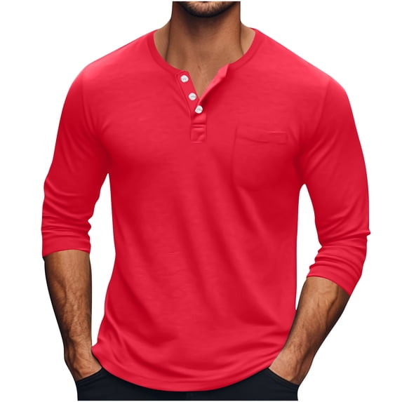Men's Classic Solid Color Henley Shirts Lightweight Cotton Long Sleeve Blouse Casual V Neck Tops