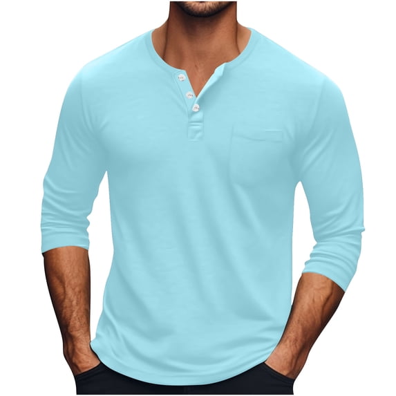 Men's Classic Solid Color Henley Shirts Lightweight Cotton Long Sleeve Blouse Casual V Neck Tops