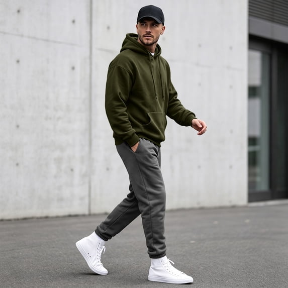 Men's Classic Solid Fleece Pullover Hoodie, Drawstring Hooded Sweatshirt with Kangaroo Pocket, for Fall Winter Daily Casual Wear Army Green L