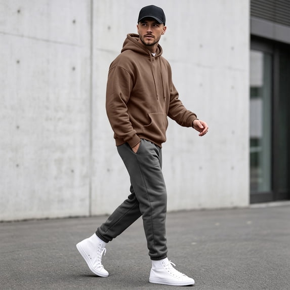 Men's Classic Solid Fleece Pullover Hoodie, Drawstring Hooded Sweatshirt with Kangaroo Pocket, for Fall Winter Daily Casual Wear Brown M
