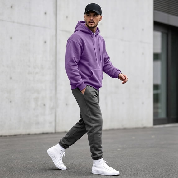 Men's Classic Solid Fleece Pullover Hoodie, Drawstring Hooded Sweatshirt with Kangaroo Pocket, for Fall Winter Daily Casual Wear Purple XL