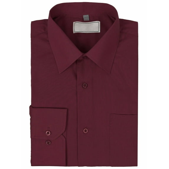 Men's Classic Solid Long Sleeve Barrel Cuff Dress Shirt (Burgundy, 2XL 36/37)