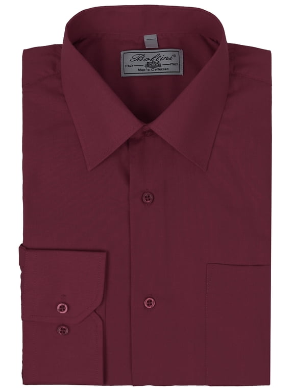 Men's Classic Solid Long Sleeve Barrel Cuff Dress Shirt (Burgundy, Medium 34/35)