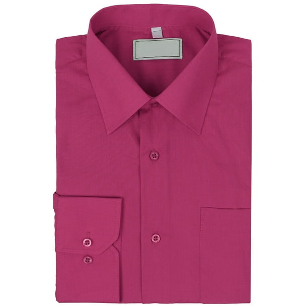 Men's Classic Solid Long Sleeve Barrel Cuff Dress Shirt (Fuschia, L 34/35)