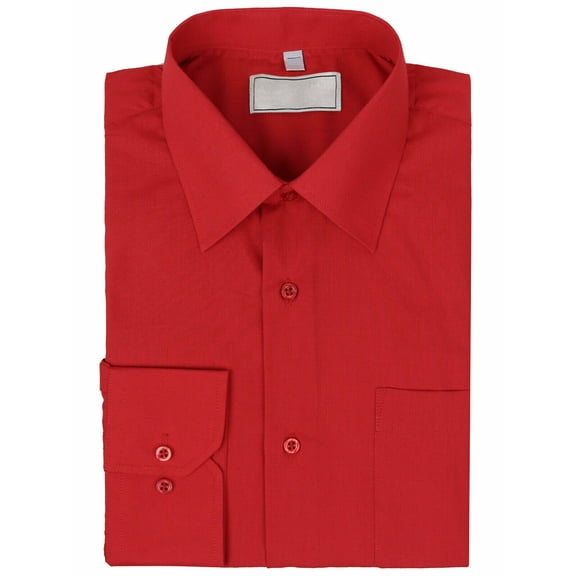 Men's Classic Solid Long Sleeve Barrel Cuff Dress Shirt (Red, Large 32/33)