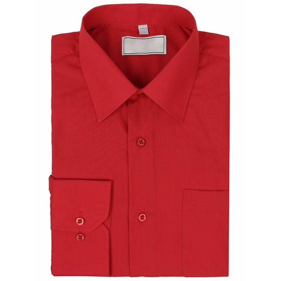 Men's Classic Solid Long Sleeve Barrel Cuff Dress Shirt (Red, XL 36/37)