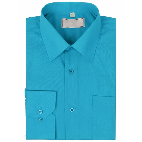 Men's Classic Solid Long Sleeve Barrel Cuff Dress Shirt (Turquoise, Large 34/35)