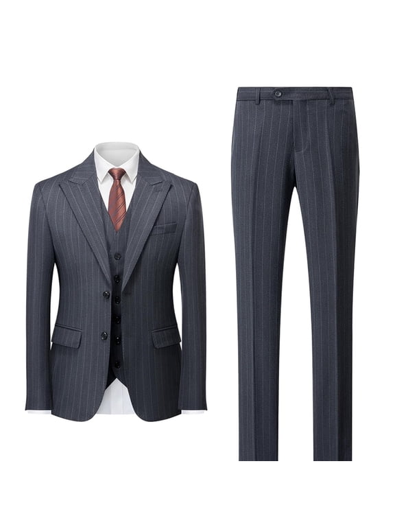 Men's Classic Stripe 3-Piece Gray Suit for Elegant Business, Two-Button Wedding, Prom Tuxedo Jacket, Vest and Pants