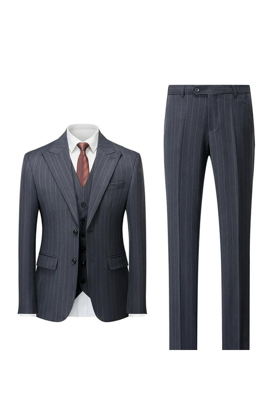Men's Classic Stripe 3-Piece Gray Suit for Elegant Business, Two-Button Wedding, Prom Tuxedo Jacket, Vest and Pants