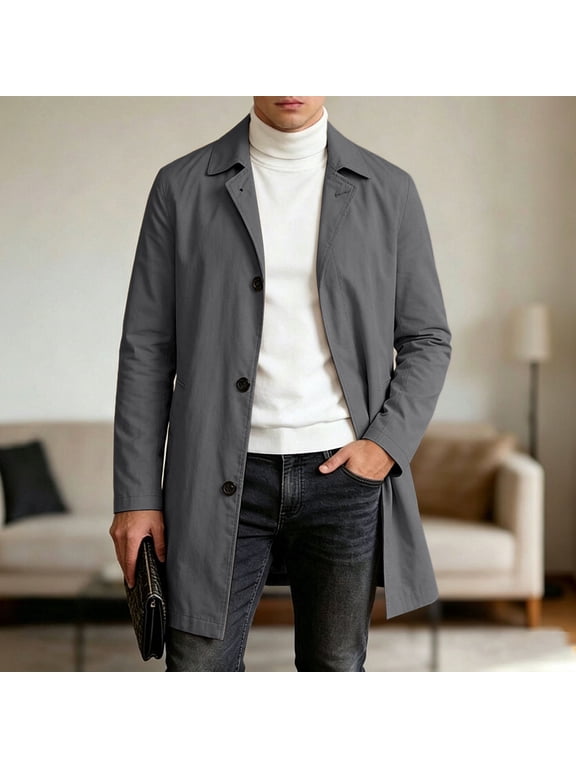 Men's Classic Trench Coat, Solid Color Spring Outerwear With Lapel Collar, Double Breasted Coat With Side Pockets Gray M