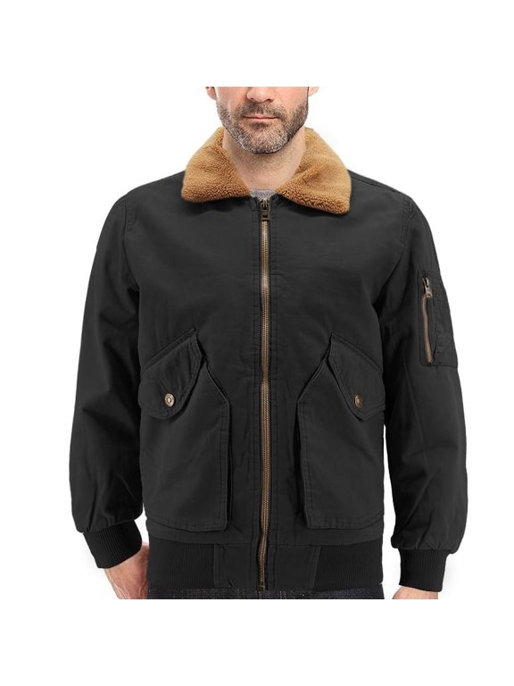 Men’s Classic Two Tone Cotton Sherpa Lined Zip Up Flight Pilot Bomber Jacket (Black, L)