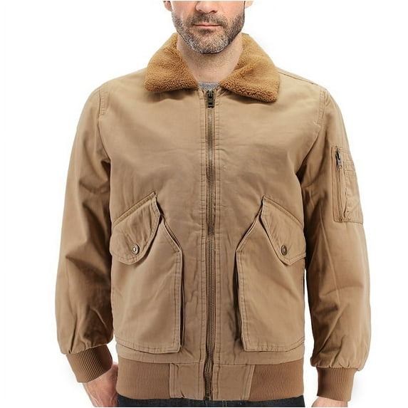 Men’s Classic Two Tone Cotton Sherpa Lined Zip Up Flight Pilot Bomber Jacket (Khaki, S)