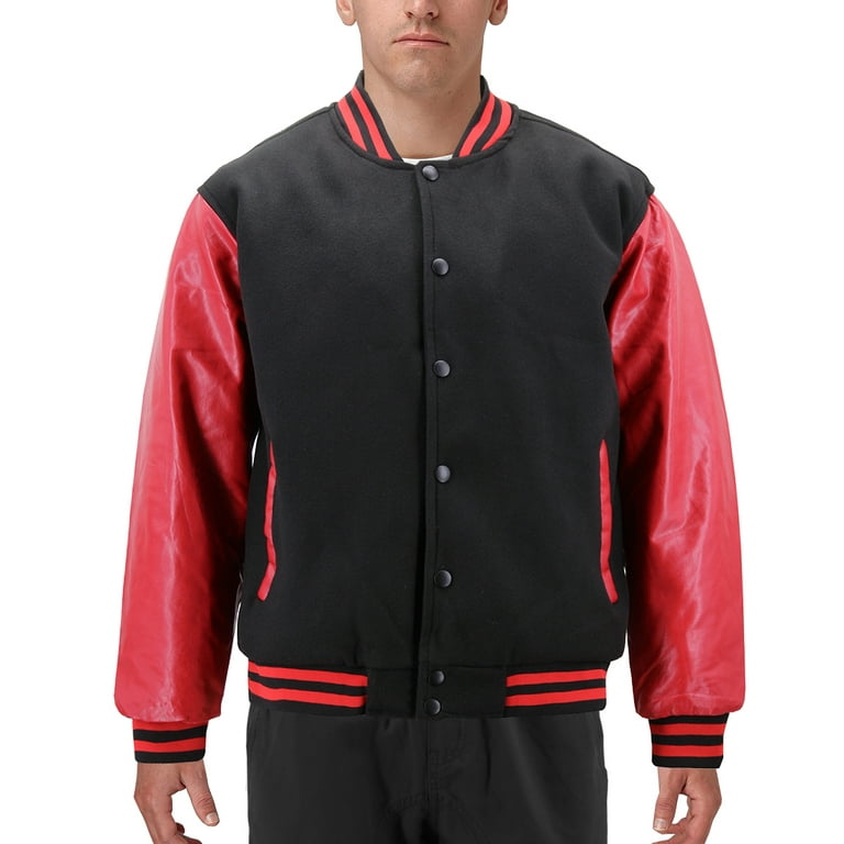 Men s Classic Two Tone Snap Button College Sports Letterman Varsity Jacket Black Red M Walmart