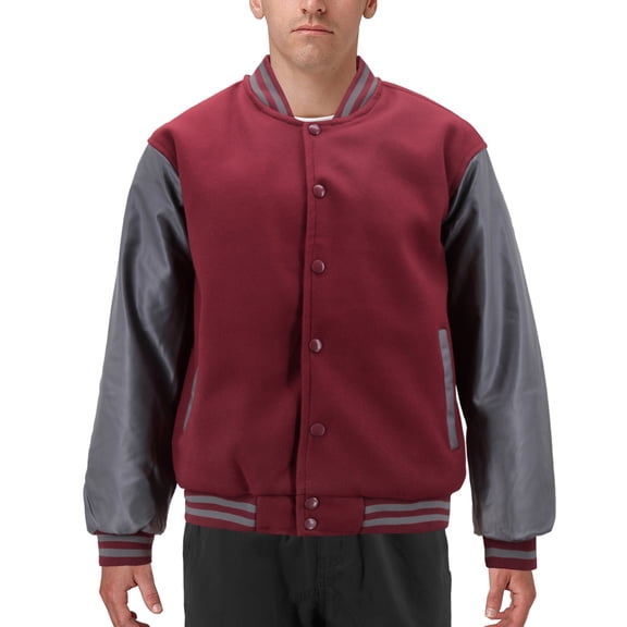 Men's Classic Two Tone Snap Button College Sports Letterman Varsity Jacket (Burgundy/Charcoal, 6XL)