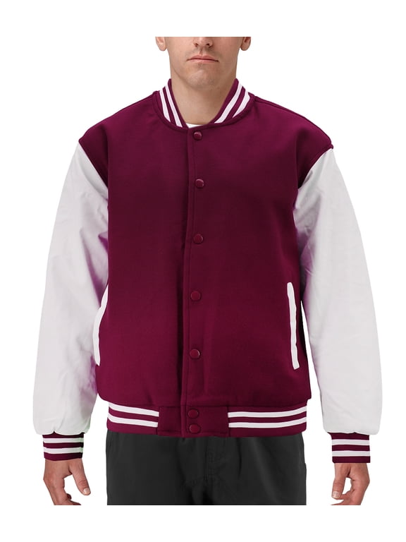 Men's Classic Two Tone Snap Button College Sports Letterman Varsity Jacket (Burgundy/White, S)