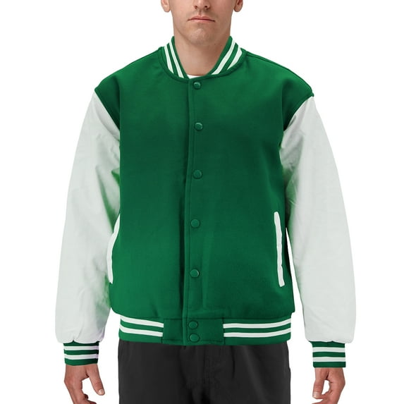 Men's Classic Two Tone Snap Button College Sports Letterman Varsity Jacket (Forest Green/White, 3XL)