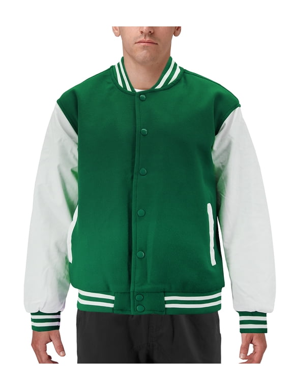 Men's Classic Two Tone Snap Button College Sports Letterman Varsity Jacket (Forest Green/White, L)