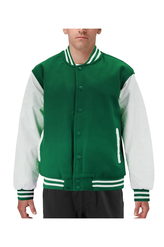 Men's Classic Two Tone Snap Button College Sports Letterman Varsity Jacket (Forest Green/White, M)