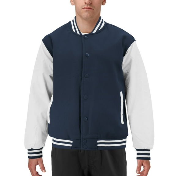 Men's Classic Two Tone Snap Button College Sports Letterman Varsity Jacket (Navy/White, L)