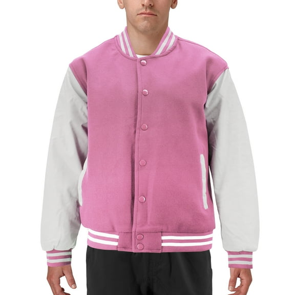 Men's Classic Two Tone Snap Button College Sports Letterman Varsity Jacket (Pink/White, XL)