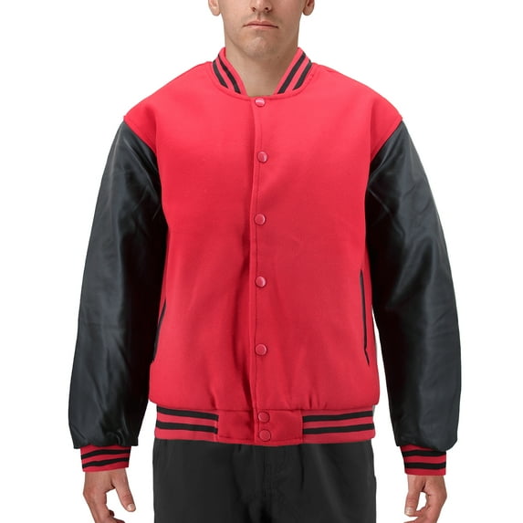 Men's Classic Two Tone Snap Button College Sports Letterman Varsity Jacket (Red/Black, L)