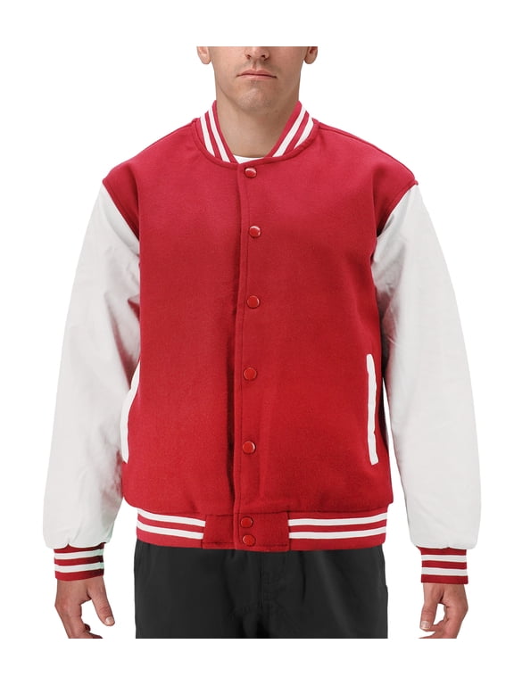 Men's Classic Two Tone Snap Button College Sports Letterman Varsity Jacket (Red/White, 4XL)