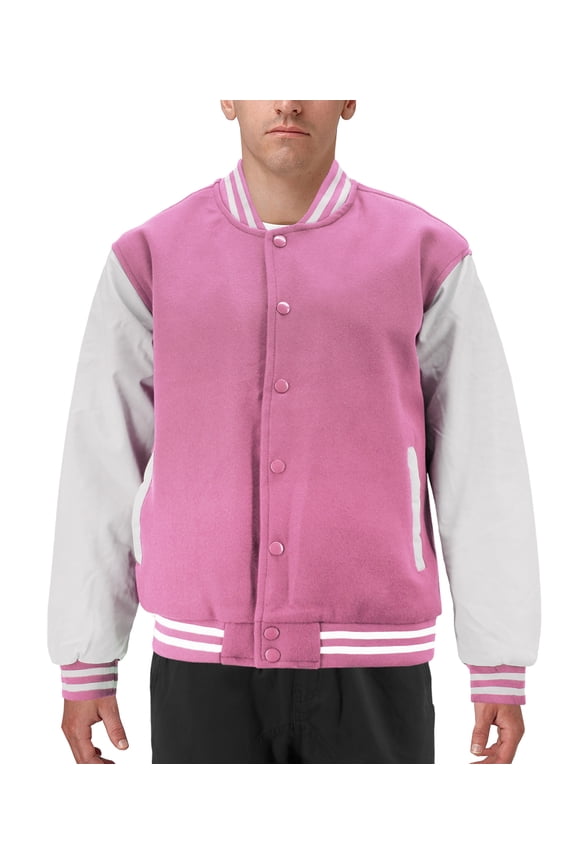Men's Classic Two Tone Snap Button College Sports Letterman Varsity Jacket (XS, Pink/White)