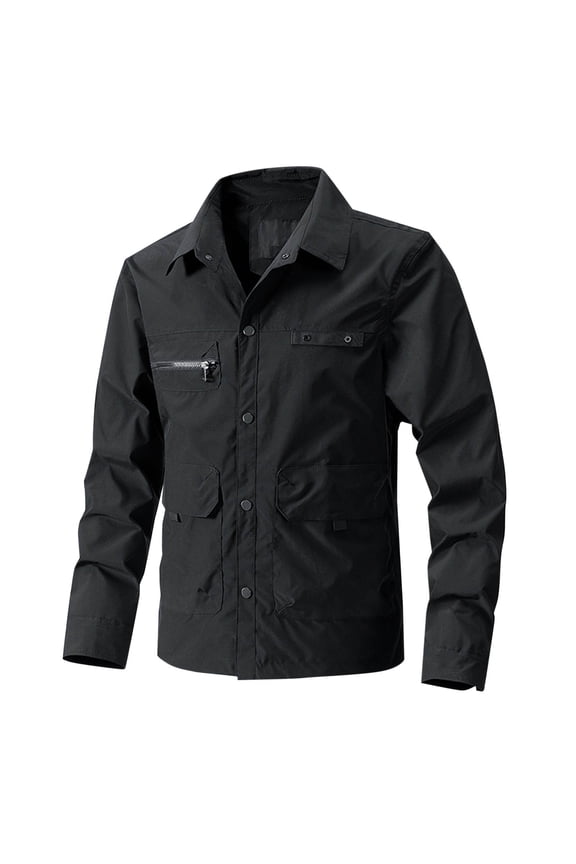 Men's Classic Utility Jacket with Multi Pockets Nylon Cotton Work Cargo Outerwear Button Up Stand Collar Coat (2XL, Black)