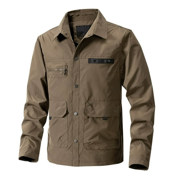 Men's Classic Utility Jacket with Multi Pockets Nylon Cotton Work Cargo Outerwear Button Up Stand Collar Coat (2XL, Coffee)