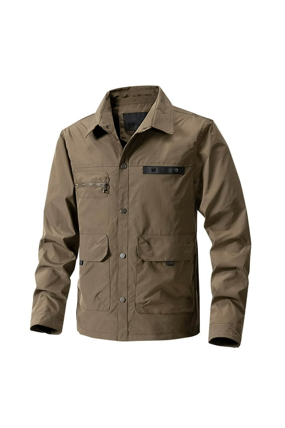 Men's Classic Utility Jacket with Multi Pockets Nylon Cotton Work Cargo Outerwear Button Up Stand Collar Coat (L, Coffee)