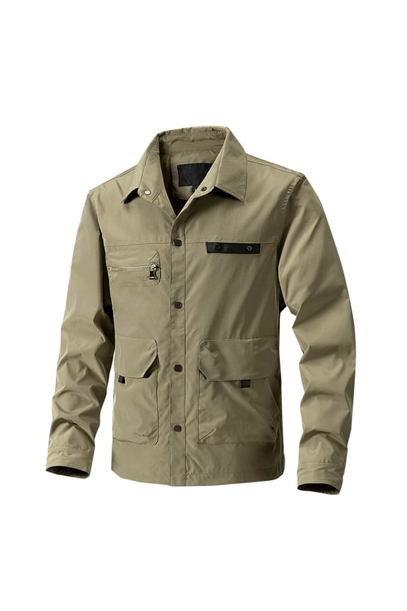 Men's Classic Utility Jacket with Multi Pockets Nylon Cotton Work Cargo Outerwear Button Up Stand Collar Coat (L, Khaki)