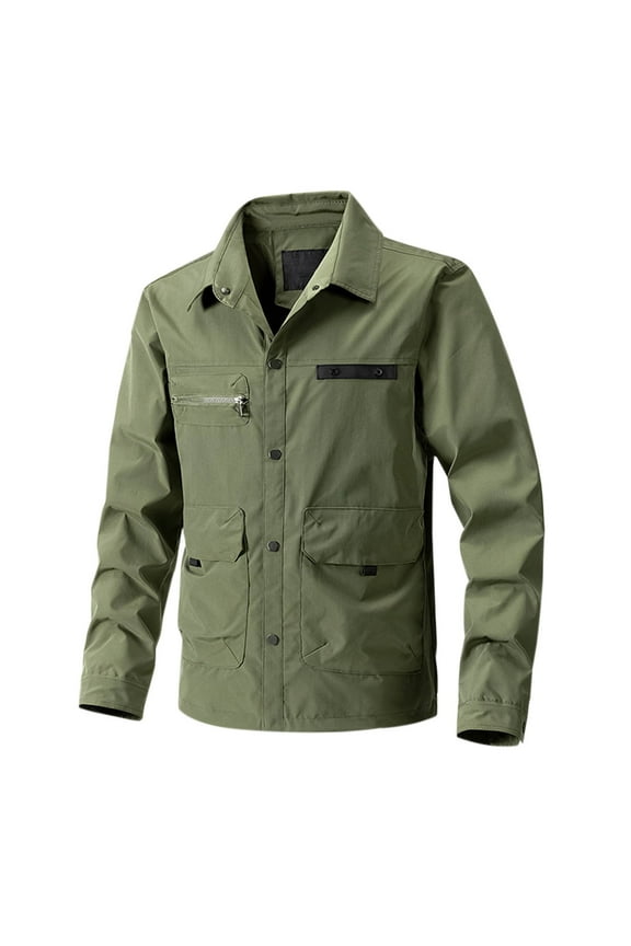 Men's Classic Utility Jacket with Multi Pockets Nylon Cotton Work Cargo Outerwear Button Up Stand Collar Coat (M, Army Green)