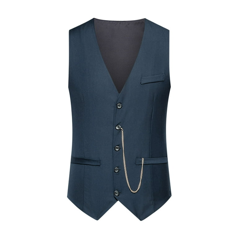 Men's Classic V-Neck Waistcoat Chain Trim Business Vest Navy S