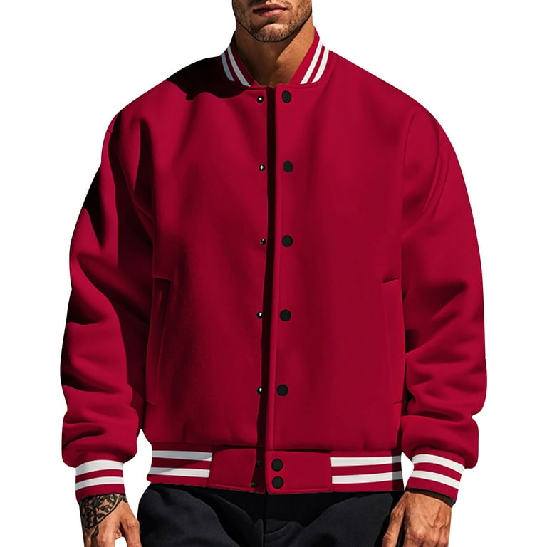 Men's Classic Varsity Jacket, Red Bomber Jacket with Striped