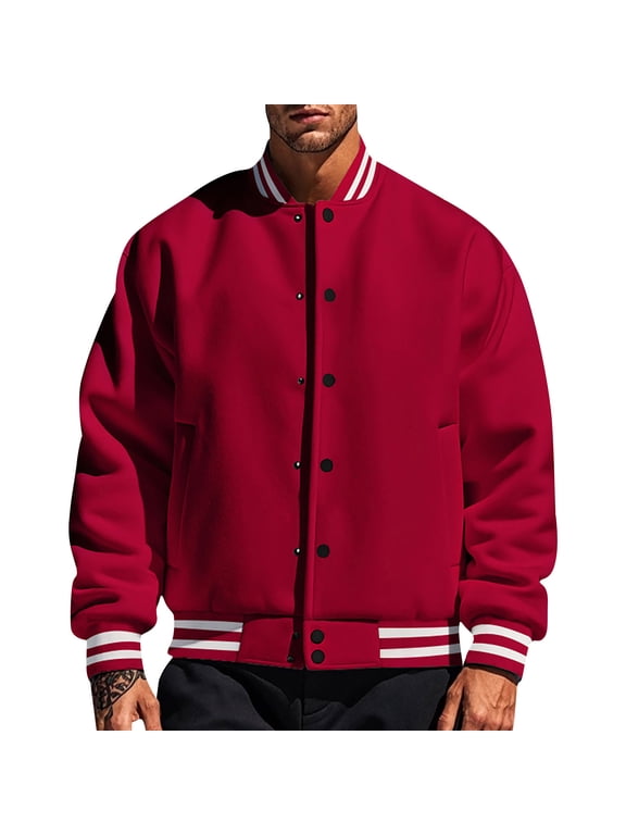 Men's Classic Varsity Jacket, Red Bomber Jacket with Striped Ribbing, Snap Button Closure, Comfortable Fit