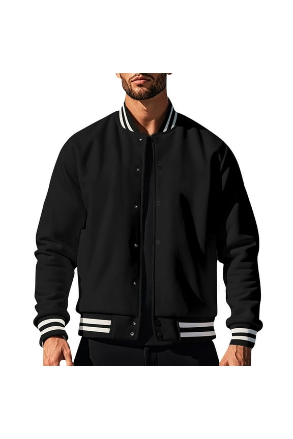 Men's Classic Varsity Jacket, Red Bomber Jacket with Striped Ribbing, Snap Button Closure, Comfortable Fit