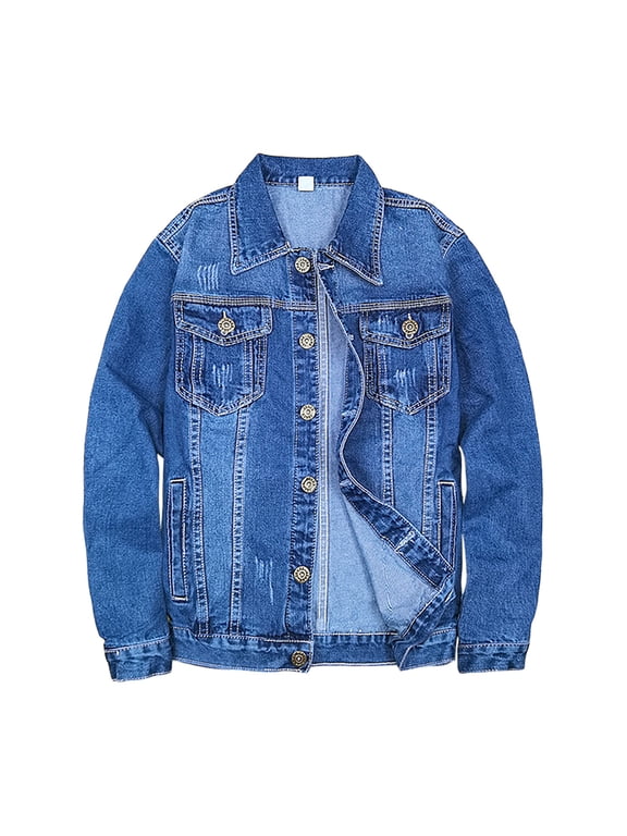 Men's Classic Vintage Washed Denim Jacket, Distressed Button Down Trucker Jean Coat with Chest Flap Pockets Big and Tall Size M-3XL Blue