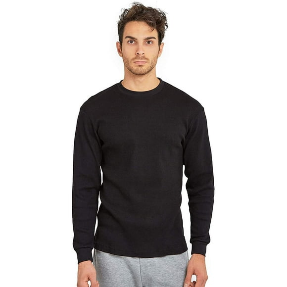 Men’s Classic Waffle Knit Heavy Thermal Top 100% Cotton Long Sleeve Crew Neck Shirt, Black 2XL