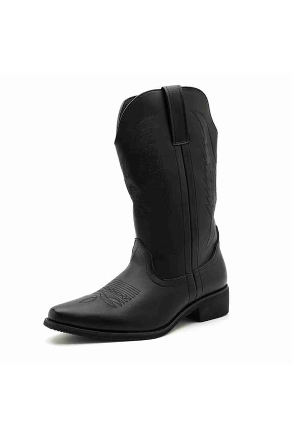 Men's Classic Western Cowboy Boots – Pointed Toe Embroidered Tall Boots with Pull Tabs, 4cm Block Heel, Black & Brown Leather-Look Riding Boots for Men
