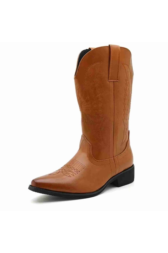 Men's Classic Western Cowboy Boots – Pointed Toe Embroidered Tall Boots with Pull Tabs, 4cm Block Heel, Black & Brown Leather-Look Riding Boots for Men